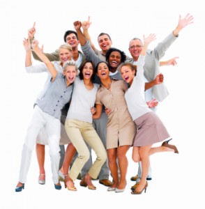 Happy business people laughing against white background