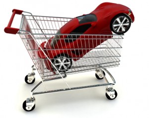 A red sports car in a shopping cart