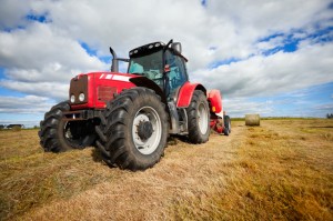 Tractor collecting hay bales in the field